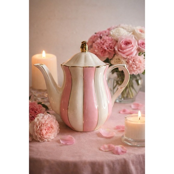 Grace's Teaware Pink White Striped Teapot Gold Trim Porcelain 7